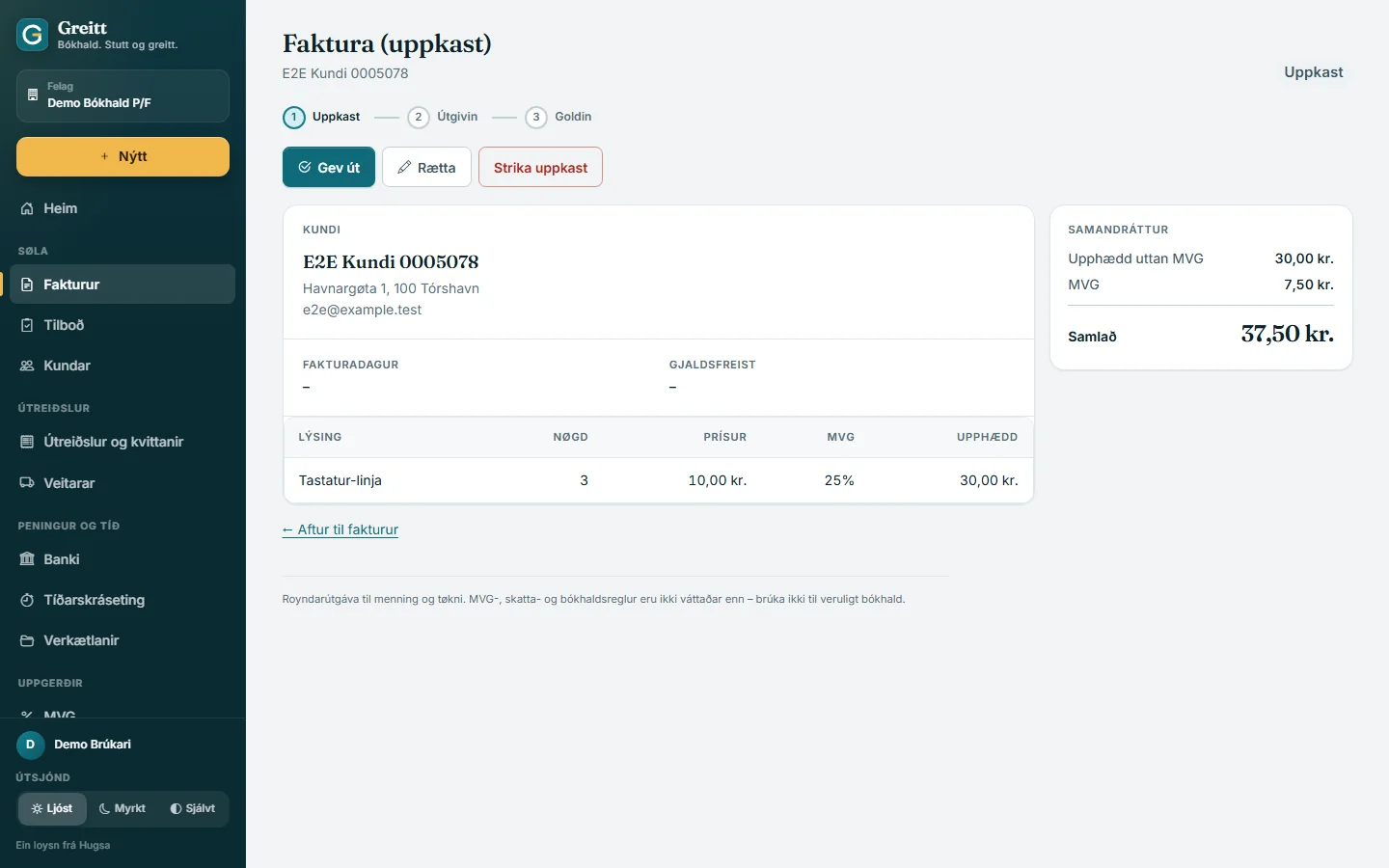 Faktura við linjum, samtøkum og gjaldingum.